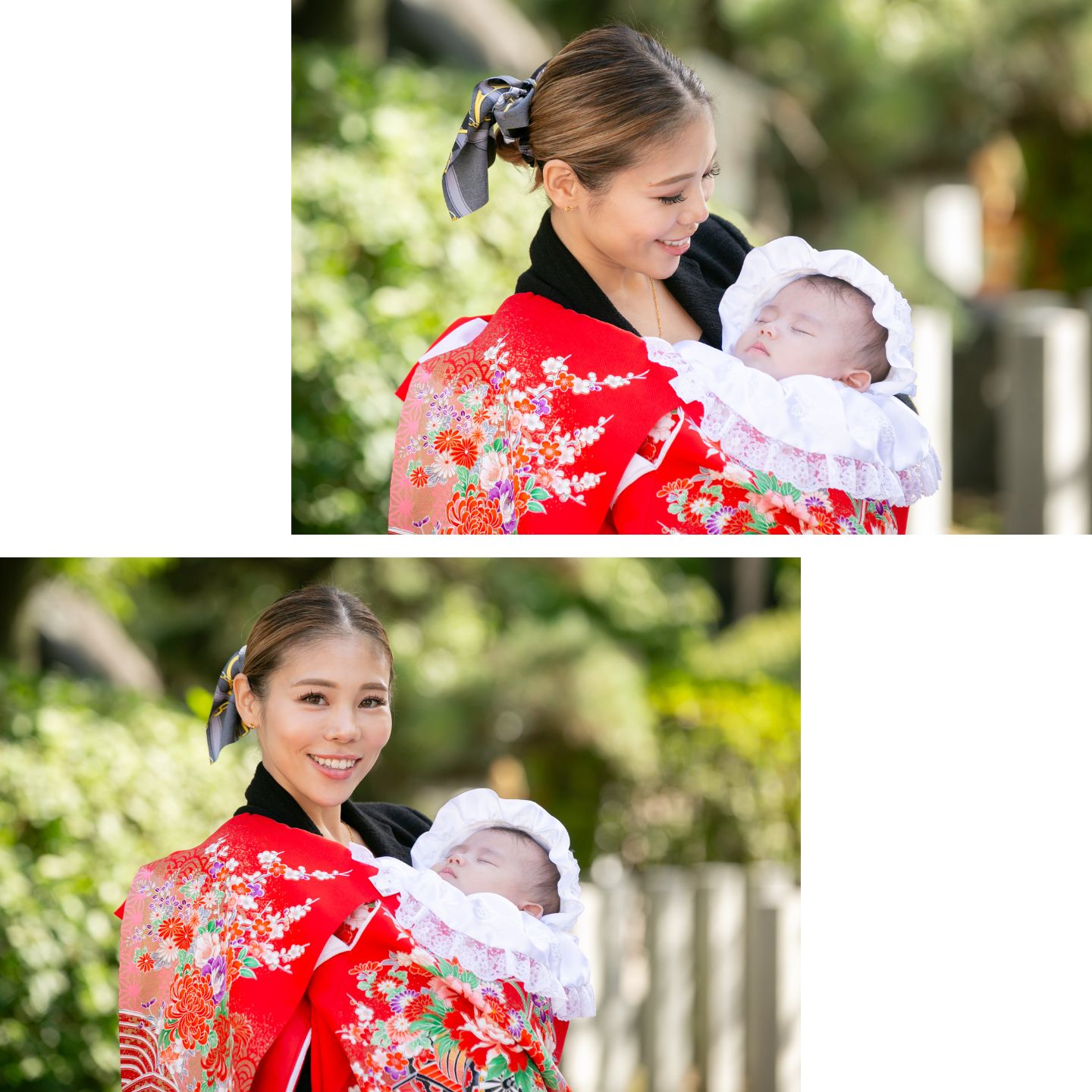 川崎大師 赤い祝い着の赤ちゃんとママ