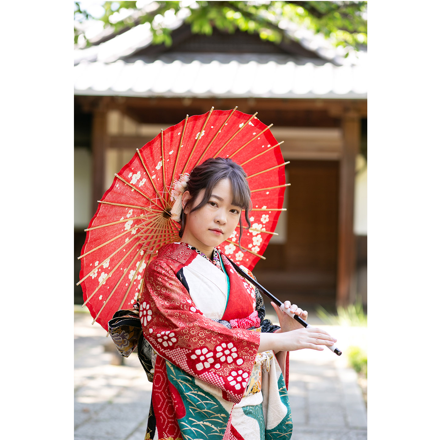 和傘で振袖撮影　根津神社