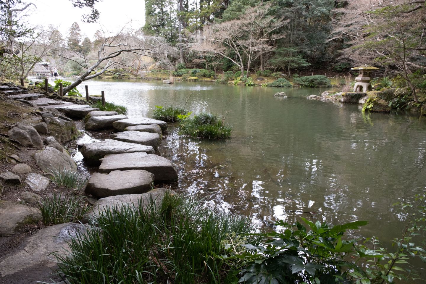 成田山公園の池と石の歩道